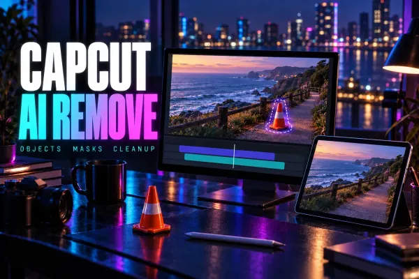 Coastal video with a selected traffic cone on a monitor beside the title CapCut AI Remove