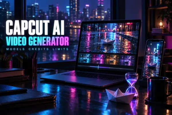 Laptop with a paper boat clip in a rainy neon street above four variant frames, a phone with the same boat, a glowing hourglass and a mug, under the title CapCut AI Video Generator