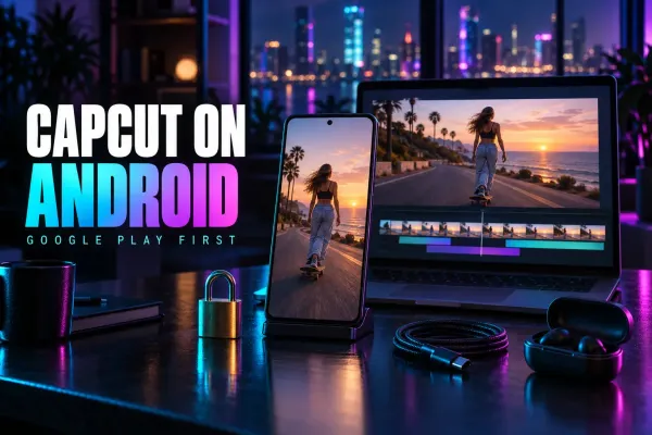 Phone on a stand and a laptop timeline showing a woman skateboarding by the sea at sunset, with a brass padlock, a cable and earbuds on a night desk, under the title CapCut on Android