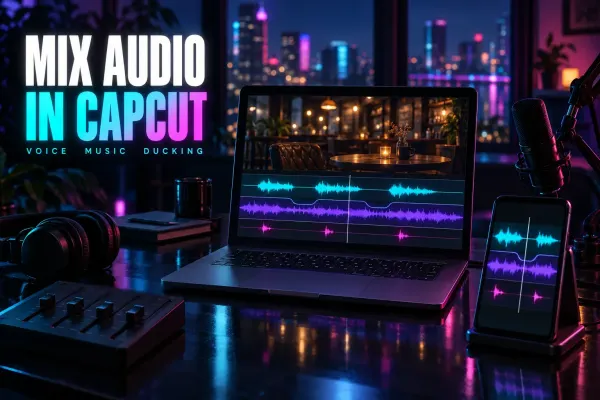 Laptop with a candlelit cafe frame above cyan voice, violet ducked music and magenta effect waveforms, a phone with the same tracks, a studio microphone, a fader mixer, titled Mix Audio
