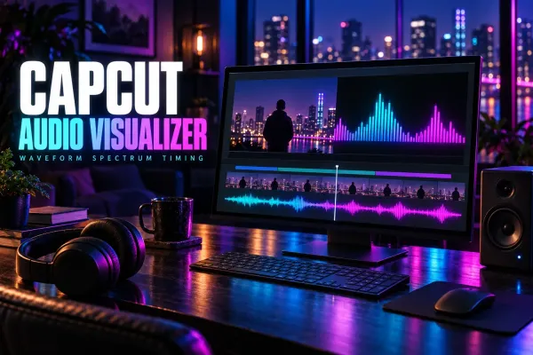 Audio spectrum on a monitor beside a speaker and headphones under the title CapCut Audio Visualizer