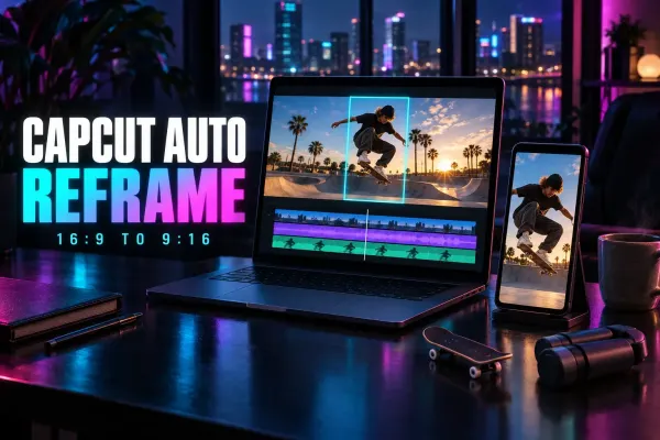 Laptop with a wide skatepark clip and a vertical crop frame around the skater, a phone with the vertical version, a fingerboard and a gimbal, under the title CapCut Auto Reframe