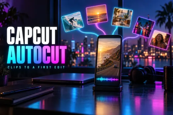 Phone on a stand playing a coastal road clip over a waveform, linked to floating photos of a surfer, a sunset, a cafe, a night street and laughing friends, under the title CapCut AutoCut