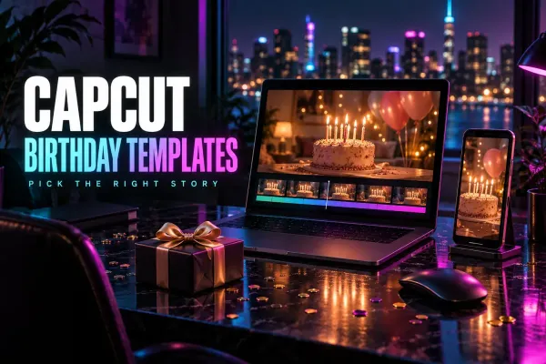 Laptop timeline and a phone on a stand showing a birthday cake with lit candles and balloons, with a wrapped gift and confetti on a night desk, under the title CapCut Birthday Templates
