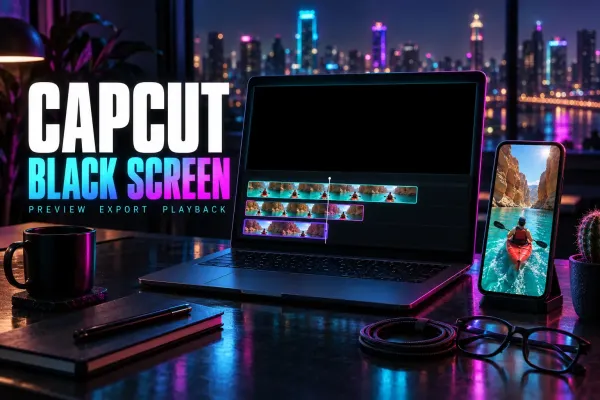 Laptop with a black preview above a kayak timeline and a phone on a stand playing the kayak clip, with a cable, glasses and a cactus, under the title CapCut Black Screen