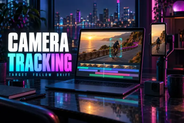 Laptop with a cyclist on a coastal cliff road in a cyan tracking frame, a magenta motion path and a timeline below, a phone on a gimbal and an action camera, under the title Camera Tracking