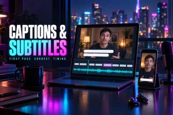 Laptop with a man speaking over two blank caption bars, caption blocks above a cyan waveform with one outlined in magenta, a phone, mic and earbuds, under the title Captions & Subtitles