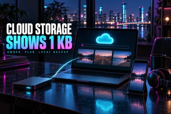 Laptop with a glowing cloud above a nearly empty storage bar and three clips, a cyan arc into an external drive, a phone and headphones, under the title Cloud Storage Shows 1 KB