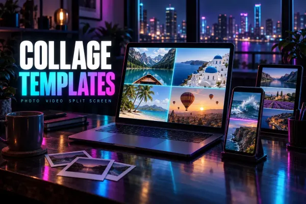 Laptop with a four-photo travel collage of a lake boat, domed houses, a beach and balloons, a phone with a two-clip split screen, a tablet and photo prints, under the title Collage Templates