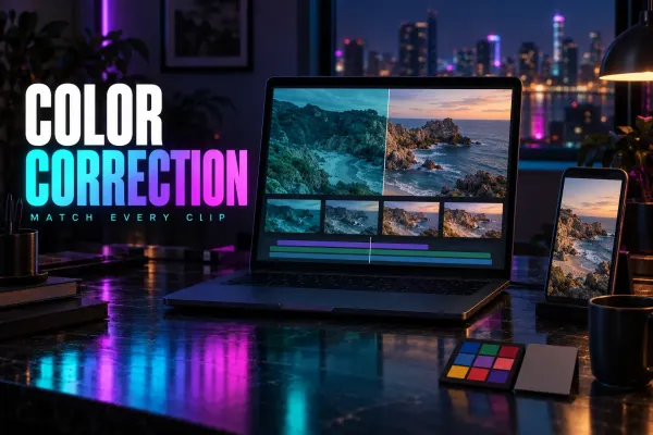 Laptop with a coastal cove split from a blue-green cast to natural evening color above four steadily truer frames, a phone with the result and a color chart, under the title Color Correction
