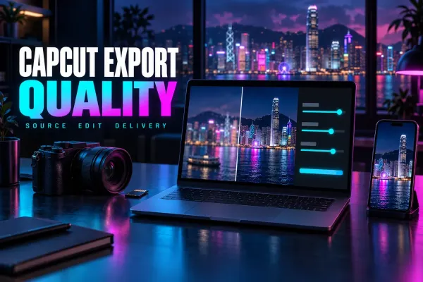 Camera and memory card beside a laptop comparing a soft and a sharp harbour skyline with three quality sliders, and a phone with the finished clip, titled CapCut Export Quality