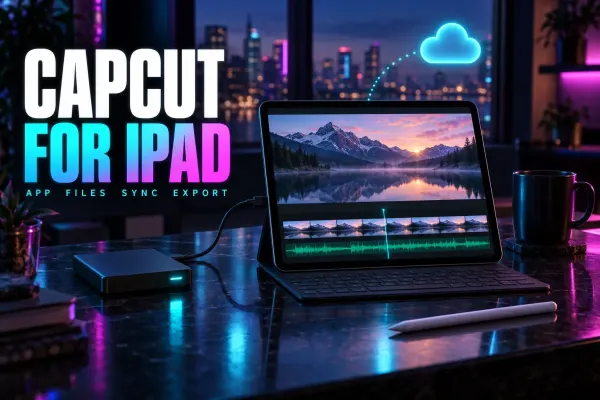 Tablet on a keyboard case editing a mountain lake clip on a timeline, cabled to an external drive with a cloud sync arc above, titled CapCut for iPad