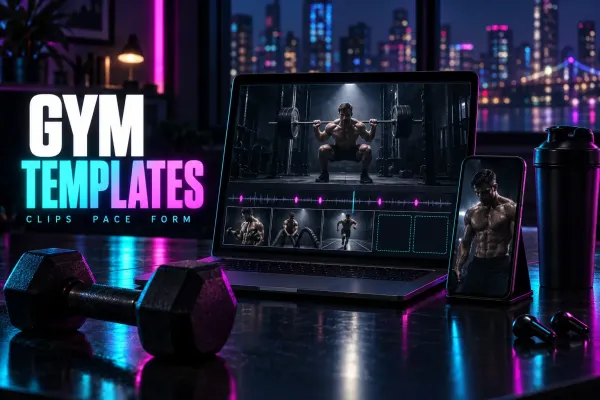 Laptop with a man mid barbell squat, curl, rope and sprint clips with magenta beat dots and two empty slots below, a phone, shaker, earbuds and a dumbbell, under the title Gym Templates