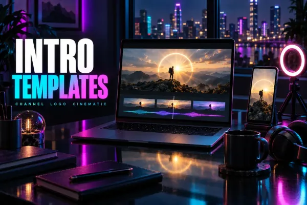 Laptop with a hiker on a ridge at sunrise inside a glowing ring of light, three opening clips over a waveform, a phone, ring light and headphones, under the title Intro Templates