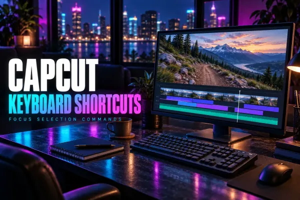 Keyboard and mouse beside an editing monitor under the title CapCut Keyboard Shortcuts