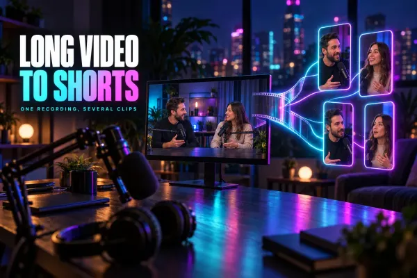 Desk monitor showing two podcast hosts at microphones, with a film strip splitting into four vertical clips of each speaker, under the title Long Video to Shorts