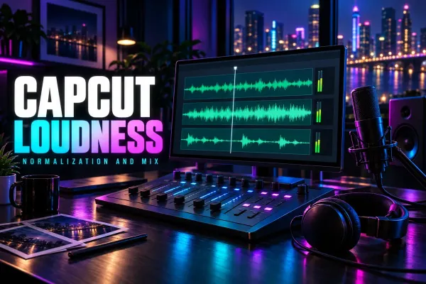Audio waveforms on a monitor beside recording equipment under the title CapCut Loudness