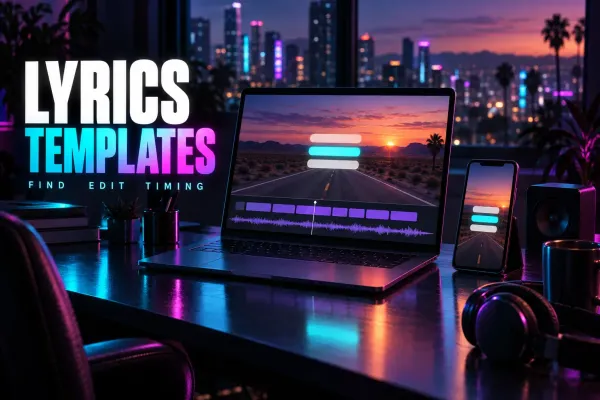 Laptop with a desert highway under three blank lyric bars, the middle one cyan, violet blocks over a waveform, a phone with the same scene, a speaker and headphones, titled Lyrics Templates