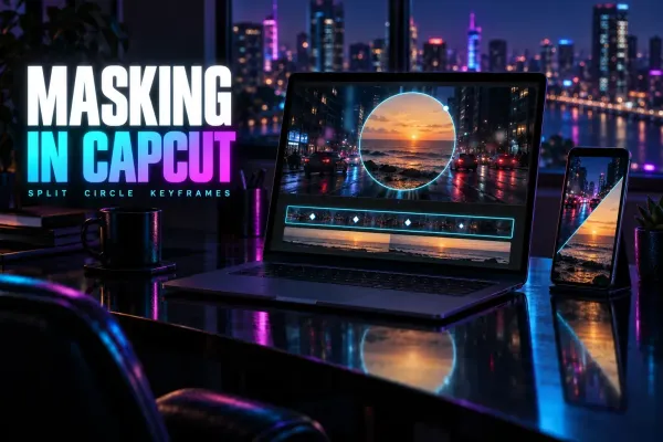 Laptop with a night street clip and a circular mask revealing an ocean sunset, keyframe diamonds on the highlighted upper track, and a phone with a diagonal split, titled Masking in CapCut