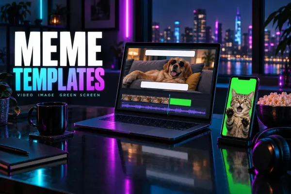 Laptop with a dog in sunglasses between two blank caption bars, a green clip on the timeline, a phone with a startled cat on green screen, popcorn and headphones, titled Meme Templates