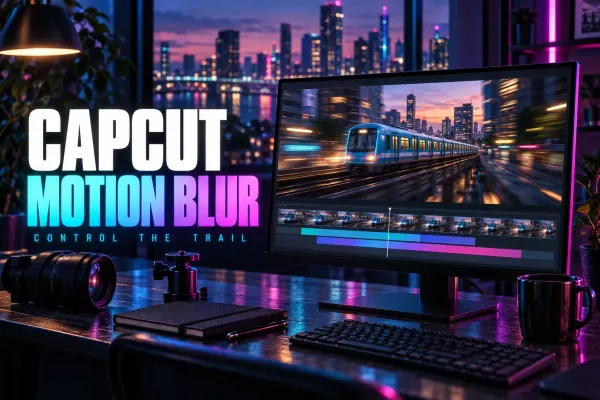 Train video with motion trails on an editing monitor beside a camera lens and the title CapCut Motion Blur