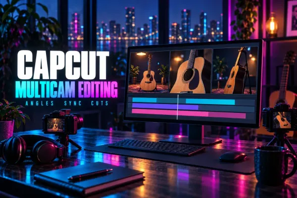 Three guitar camera angles on a monitor beside camera equipment under the title CapCut Multicam Editing