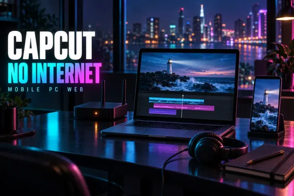 Laptop timeline and a phone on a stand showing a lighthouse at dusk, beside a router with one amber light, headphones and a notebook, under the title CapCut No Internet