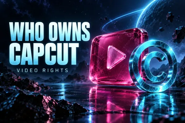 Neon cyan copyright symbol beside a magenta glass video sculpture under the title Who Owns CapCut