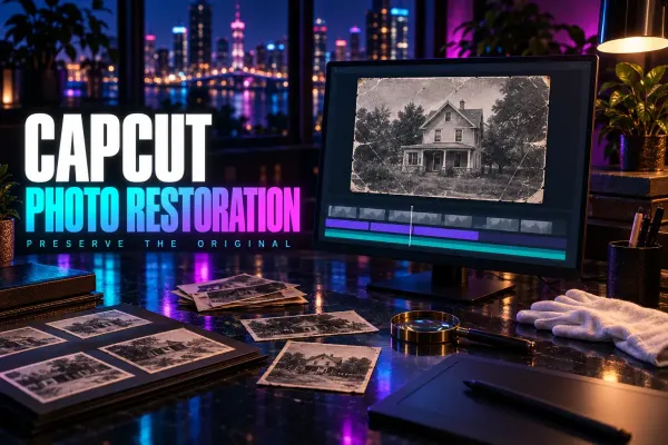 Vintage house photo on a monitor beside archival prints under the title CapCut Photo Restoration