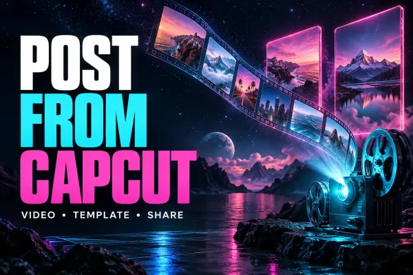 Neon film frames moving from a cyan cinema projector toward magenta screens beside the title Post from CapCut