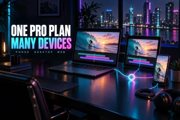 Laptop and tablet with the same surfing clip and timeline, linked by glowing lines to a phone with the same surfer, a cable, headphones and a plant, under the title One Pro Plan Many Devices
