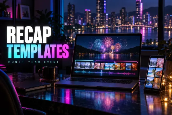 Laptop with fireworks over a lake above seasonal thumbnails in three glowing chapters and a waveform, a phone with a grid of seasonal photos and fairy lights, under the title Recap Templates