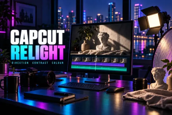 Lit ceramic-bust video on a monitor beside a light panel under the title CapCut Relight