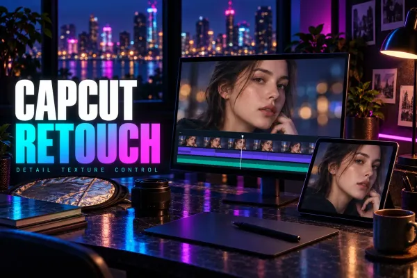 Portrait video on a monitor and tablet beside a stylus under the title CapCut Retouch