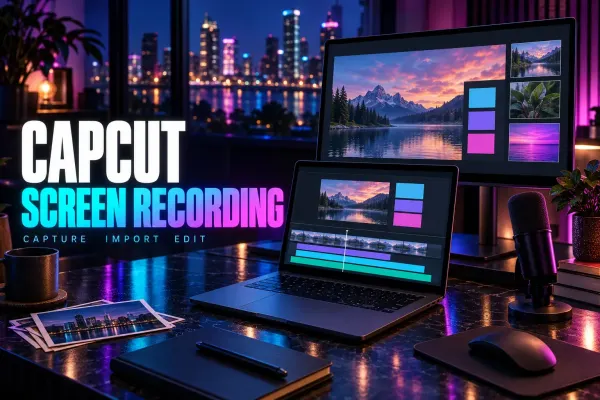 Presentation on a monitor and its video on a laptop under the title CapCut Screen Recording