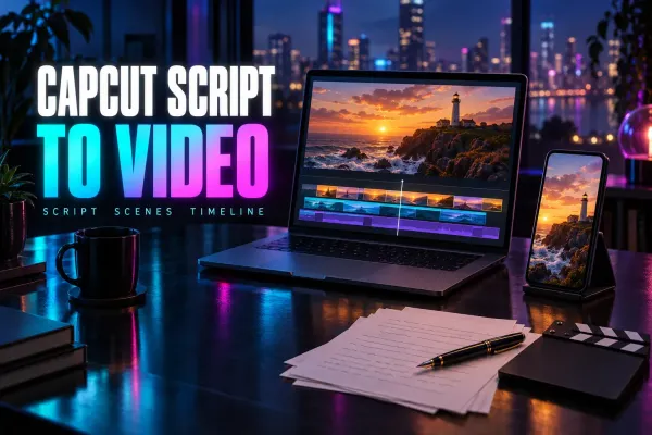 Laptop with a lighthouse sunset clip above a timeline of scenes, a phone with the same lighthouse, script pages with a fountain pen and a clapperboard, under the title CapCut Script to Video