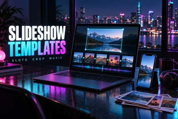 Laptop with a mountain lake in a cyan crop frame, five slides with diamond transitions over a waveform with magenta beat marks, a phone, headphones and prints, titled Slideshow Templates