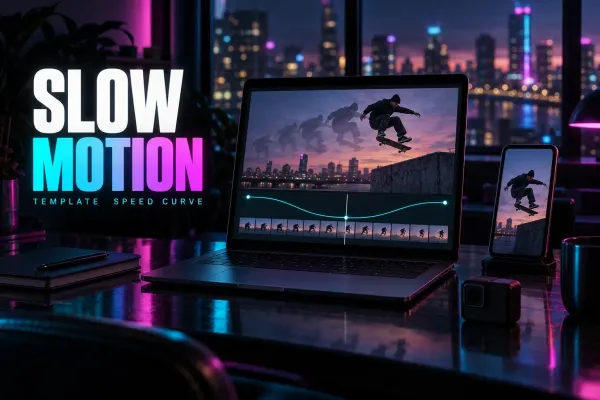 Laptop with a skateboarder jumping over a dusk skyline with a ghost trail, a cyan speed curve over a filmstrip, a phone with the same jump, an action camera and a notebook, titled Slow Motion