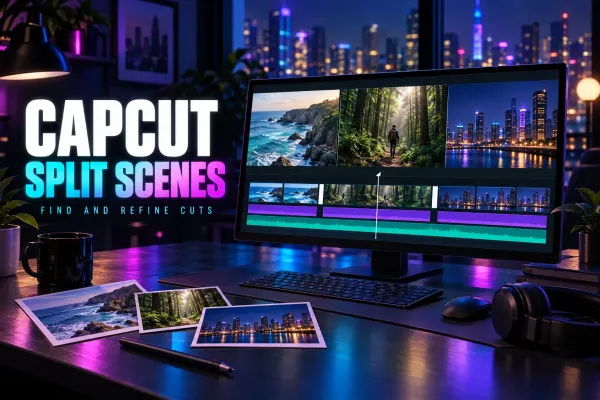 Video scene thumbnails and cut boundaries on a monitor under the title CapCut Split Scenes