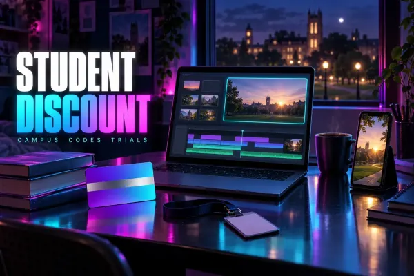 Student desk at night with a laptop video timeline, a blank gift card and a lanyard beside the title Student Discount
