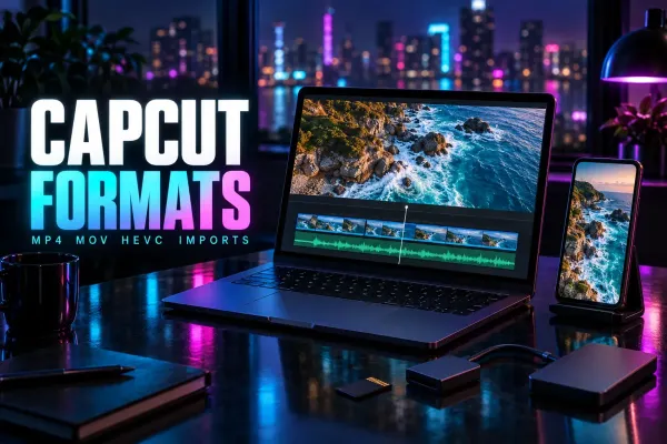 Laptop with an aerial coastline shot over lined-up video and audio tracks, a phone with the same coast, a memory card, card reader and external drive, under the title CapCut Formats