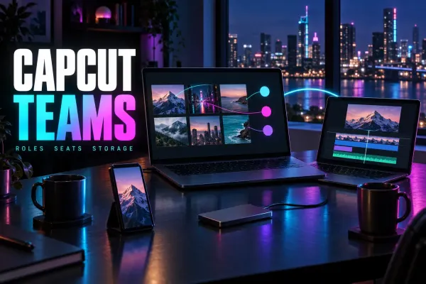 Two laptops linked by a cyan arc, one with a shared grid of six clips and three linked avatar dots, the other with a timeline, plus a phone and drive, under the title CapCut Teams