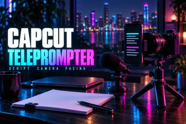 Phone with script lines beside a camera and microphone under the title CapCut Teleprompter