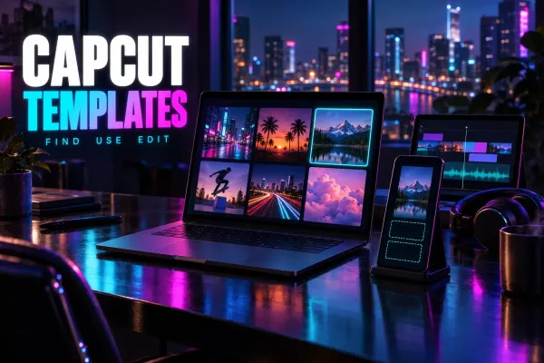 Laptop with six template thumbnails, a mountain lake one outlined in cyan, a phone with that lake above two dashed slots, a tablet timeline, headphones and a mug, titled CapCut Templates