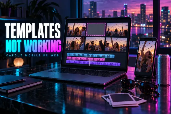 Laptop grid of rooftop confetti previews with one blank tile and a phone on a stand, with sunglasses, blank instant prints and a can, under the title Templates Not Working