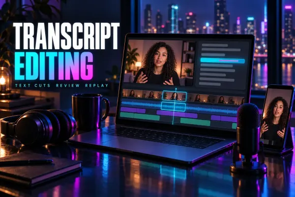 Laptop with a woman speaking above a transcript panel, one line in cyan and one struck in magenta, the matching clip boxed on the timeline, a mic and phone, under the title Transcript Editing