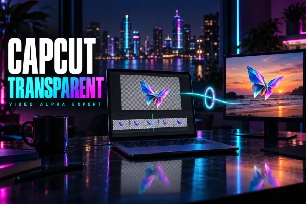 Laptop previewing an origami butterfly over a checkerboard transparency grid, linked through a glowing ring to a monitor where it floats over a sunset beach, titled CapCut Transparent