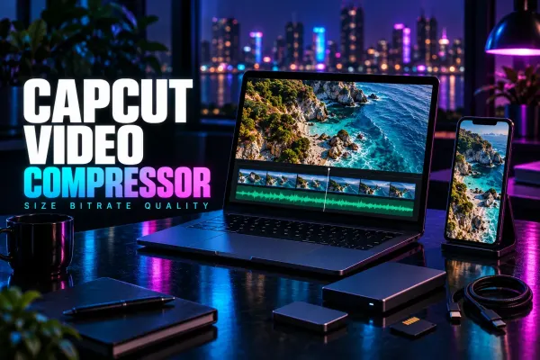 CapCut Video Compressor title beside a laptop and phone showing the same coastline video, with a waveform and two storage drives