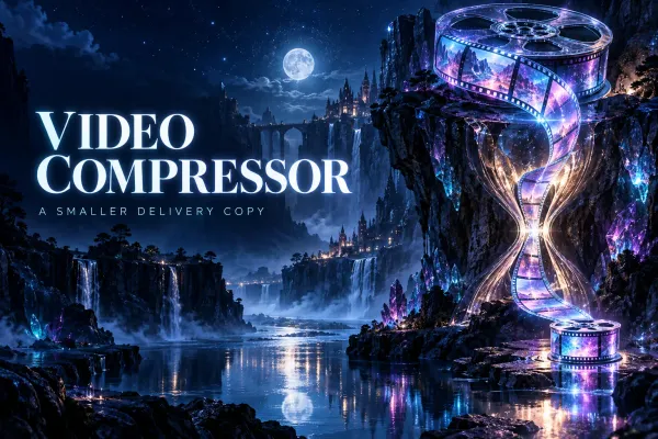 A luminous film ribbon passing through a cyan hourglass into a smaller spool in a neon canyon, under the title Video Compressor