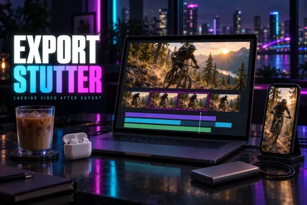 Laptop playing a mountain bike clip with two repeated frames outlined above a timeline, a phone on a stand with the same rider, an SSD, earbuds and iced coffee, under the title Export Stutter